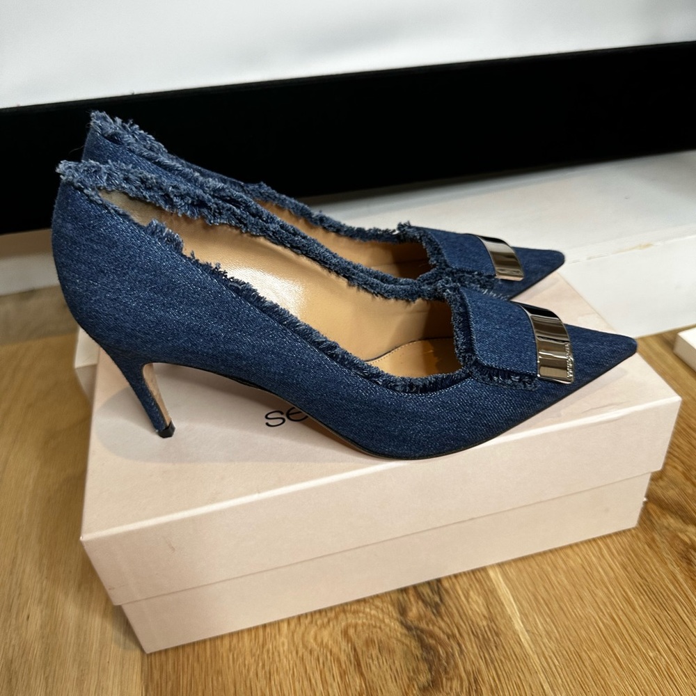 Sergio Rossi frayed denim pumps 40 9.40 3” heel heels pump jeans silver metal